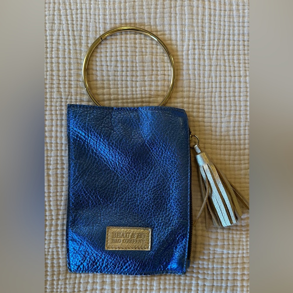 Beau & Ro Blue Leather Wristlet with Gold Ring